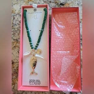 House of Harlow 1960 Green Beaded Necklace Natural Shell Genuine Stones "18+3"